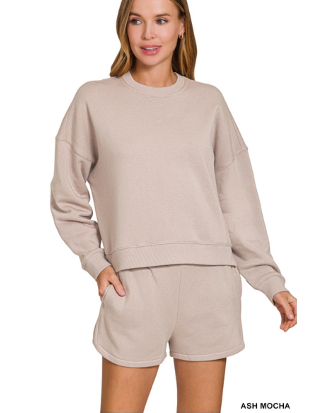 Ash mocha ZENANA FLEECE LONG SLEEVE
SWEATSHIRTS & SHORTS SET